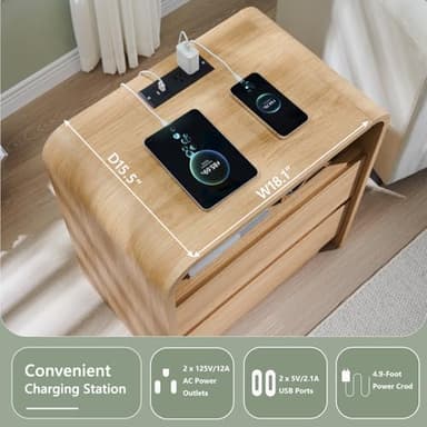 Aitjunz 25" Tall Modern Nightstand Set of 2, 23.6'' Wide Wood Bedside Table w/2 Storage Drawers, Charging Station, Mid Century End Table for Bedroom, Living Room,Curved Profile Design, Natural Oak - Image 4