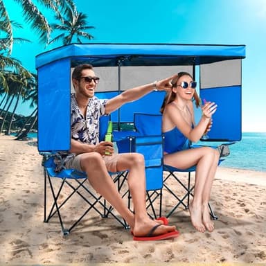 WTVIDAS Double Beach Chair with Canopy Shade Heavy Duty Camping Chairs with Cup Holder Folding Loveseat for Outside Lawn - Image 6