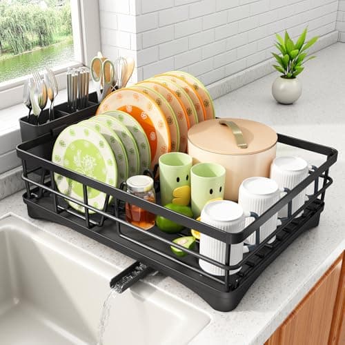 Dish Drying Rack - Stainless Steel Dish Rack for Kitchen Counter, Large-Capacity Dish Drainer with Cutlery Holder, Kitchen Organizer for Dishes, Spoons and Forks, Black - Image 1