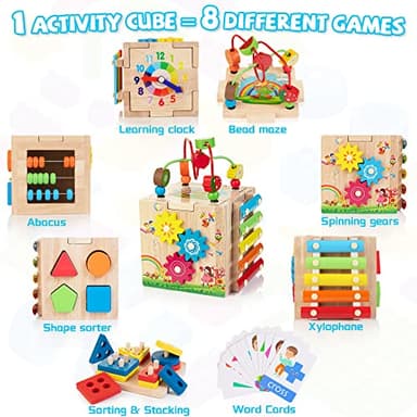 Bravmate Wooden Activity Cube, 8-in-1 Montessori Toys for 1-2 Year Old Boys & Girls, Multipurpose Educational Toy for 12M+ Baby Toddler, First Birthday Gift with Word Cards | Sorting & Stacking Board - Image 2