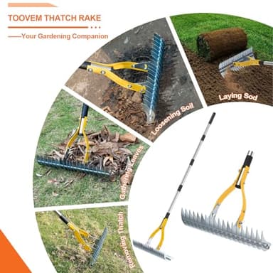 TOOVEM Thatch Rake, 15-inch Lawn Thatching Rake with Heavy Duty Steel Tines & Ergonomic Handle, 70-Inch Professional Dethatching Rakes for Effective Lawn Care, Garden & Yard Tool - Image 7