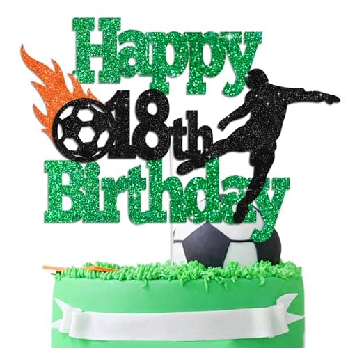 BEISHIDA Football Soccer Cake Topper Happy 18th Birthday Cake Topper Football Soccer Sport Themed Cake Decorations Glitter Cake Decoration 18th Cake Toppers for Boys Men Birthday Party Supplies - Image 1