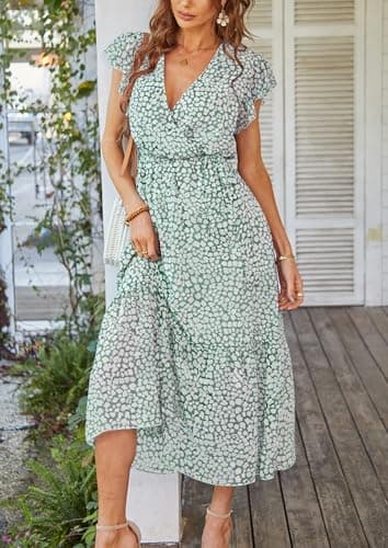 PRETTYGARDEN Women's Summer Floral Boho Dress Wrap V Neck Short Sleeve Ruffle A-Line Flowy Maxi Wedding Guest Dresses (Green_01,Large) - Image 6