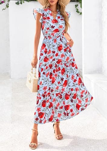 PRETTYGARDEN Women's 2025 Summer Floral Midi Dress Cap Sleeve V Neck Ruffle Long Flowy Boho Casual Beach Vacation Dresses (Floral Blue Red,Large) - Image 8