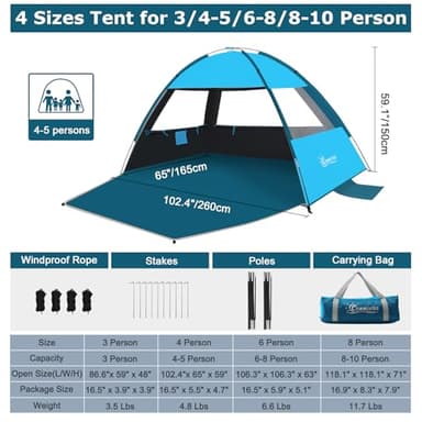 COMMOUDS Beach Tent Sun Shade for 3/4-5/6-7/8-10 Person, UPF 99+ Beach Sun Shelter Canopy Tent, Lightweight, Easy Set Up and Carry - Image 2