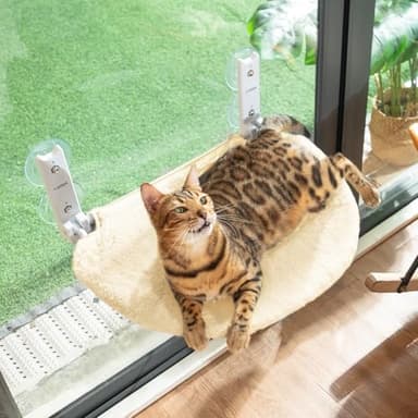 Cat Window Perch - Cat Hammock - Window - Seat - Home - Cats Window Hammocks Bed for Indoor Cats, Solid Metal Frame, 4 Suction Cups, Reversible Cover, Foldable, Cordless (Beige) - Image 1