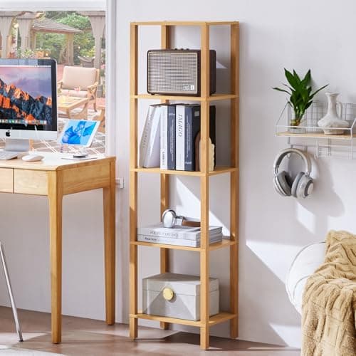 YUFAM 54in Tall Bookshelf 5-Tier Small Narrow Bookcase, Skinny Book Shelf for Small Space, Farmhouse Slim Shelf with Storage, Wood Freestanding Display Thin Bookshelves for Living Room, Natural - Image 1