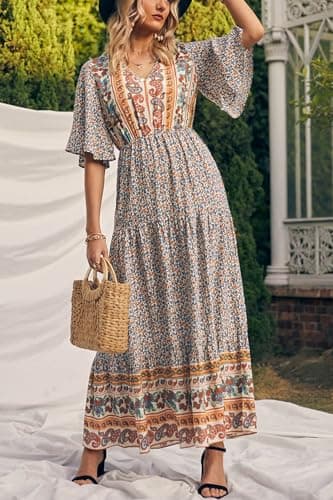 PRETTYGARDEN Women's Casual Summer Boho Floral Print Dress V Neck Short Sleeve High Waist Long Maxi Beach Dresses (White Floral,Large) - Image 7