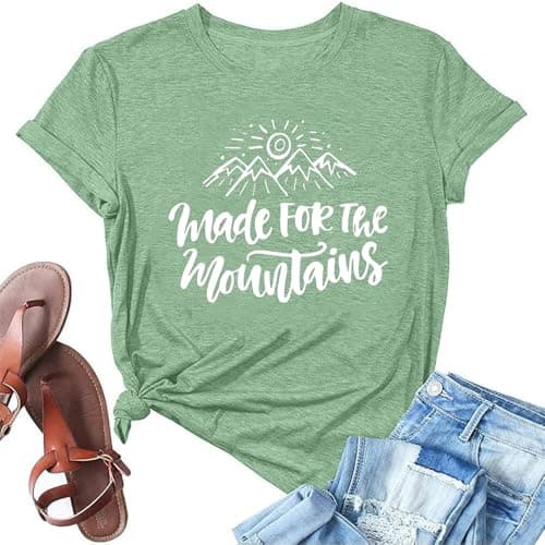 Hiking Graphic Tees for Women Sunrise Mountain Graphic Shirt Letter Print Short Sleeve Summer Casual Camping Clothes-L (Light Green) - Image 1