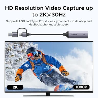UGREEN 2K@30Hz Video Capture Card 4K Input HDMI to USB 3.0 A and USB C Capture, 1080P 60FPS with Low Latency Capture Card for Streaming Game Recording Compatible with Switch 2/Xbox/PS4/PS5/PC/Camera - Image 2