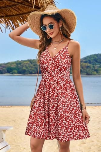 STYLEWORD 2025 Womens Summer V Neck Dresses Sun Spaghetti Strap Petite Sundress Casual Beach Hawaiian with Pocket(Floral46-412,M) - Image 4