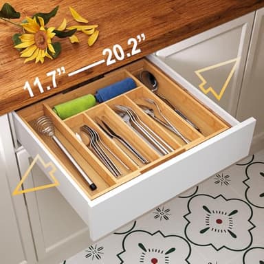 Fibogollo Expandable Kitchen Drawer Organizer,Bamboo Silverware Organizer for Utensils,Adjustable Flatware Tray(14.96 * 11.69~19.68 * 1.96) - Image 2