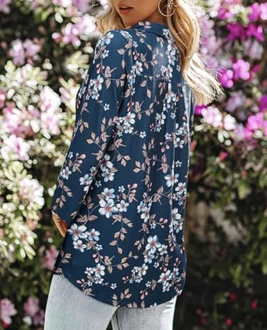 Business Casual Tops for Women,V Neck Polo Shirts for Women Fashion Top Work Attire for Office Fall Blouses Dress Shirts Full Sleeve Professional Formal Clothes Dressy Elegant Blue Floral M - Image 4