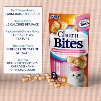 Inaba Churu Bites for Cats, Soft Baked Chicken Churu Filled Cat Treats with Vitamin E, 0.35 Ounces Each Tube, 24 Tubes Total (3 Per Pack), Tuna with Scallop Recipe - Image 3