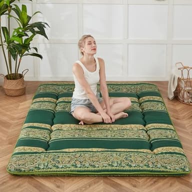 Zelladorra Japanese Floor Mattress, Futon Mattress with Portable Storage Bag and Washable Cover, Roll Up Thick Tatami Mat Suitable for Camping, Guest Room (Bohemian Green, Twin) - Image 1
