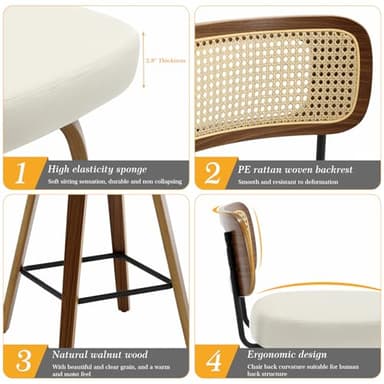 Bekrvio Swivel Counter Height Bar Stools Set of 3, Upholstered Faux Leather Barstools with Rattan Back, 26" Seat Height Bar Chairs for Kitchen Island, Bentwood Wood Frame, Cream White - Image 3