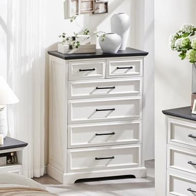 ACCOHOHO 6 Drawer Dresser, Farmhouse Chest of Drawers for Bedroom, 44" Tall Dresser with Large Metal Handles, Wood Drawer Organizer for Living Room, Hallway, Closet - White - Image 6