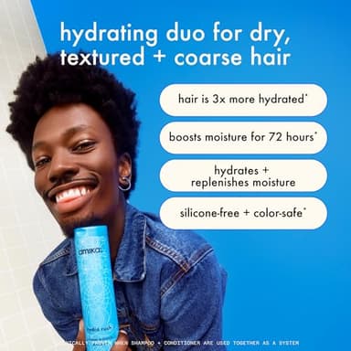 amika hydro rush intense moisture shampoo with hyaluronic acid | for dry, textured, or coarse hair types 2a-4c, long-lasting hydration, color-safe, keratin + chemically treated safe, 275ml - Image 2