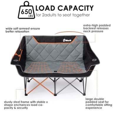 EMERIT Oversized Double Duo Camping Chair Folding Camping Loveseat 2 Person Camping Couch Heavy Duty Lawn Chairs for Outside with Padded Seats & Armrests-Support 650LBS - Image 4