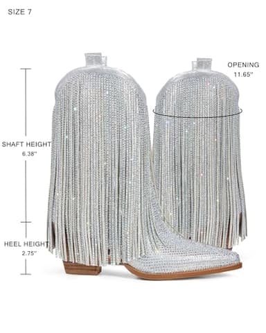 Ouepiano Cowboy Boots for Women - Cowgirl Rhinestone Boots with Sparkly Fringe Pointed Toe Western Boot Chunky Heel Pull-On Wide Calf Silver Botas Vaqueras Size 6.5 - Image 5