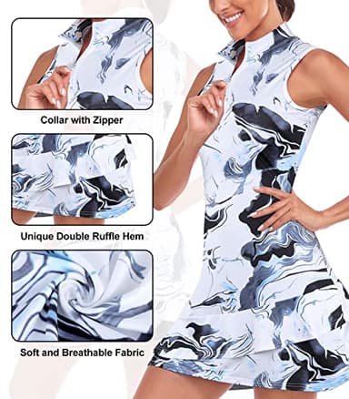 Tennis Dress for Women Sleeveless Golf Dresses with Built in Shorts, Pockets Stand Collar Zip Up Quick Dry for Athletic Sports Marble Print Grey-Small - Image 3