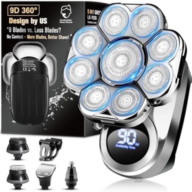 9D Electric Head Shaver for Bald Men, Upgraded 5-in-1 Head Shaver for Bald Men, Waterproof Wet/Dry Grooming Kit Electric Shaver for Men, Cordless Rechargeable Bald Head Razor for Home&Travel - Image 8