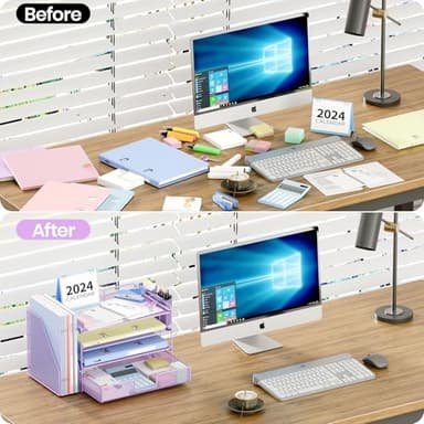 OPNICE Desk Organizer and Accessories, 4-Tier Desktop File Organizer with Drawer and 2 Pen Holders, Office Desk Accessories for Office Supplies(Purple) - Image 2