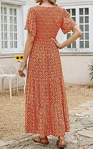 PRETTYGARDEN Women's Summer Casual Boho Dress Floral Print Ruffle Flutter Short Sleeve High Waist Maxi Beach Dresses (Orange,X-Large) - Image 7