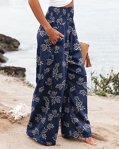 Angerella Women's Casual Loose Wide Leg Cozy Pants Yoga Sweatpants Comfy High Waisted Sports Athletic Lounge Pants with Pockets FloralBlue M - Image 4