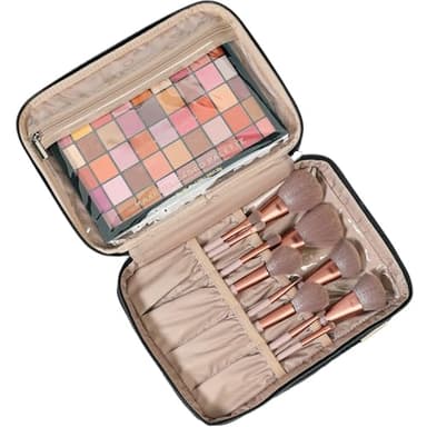 NISHEL Large Double Layer Travel Makeup Bag Women, Cosmetic Case, Organizer for Travel-Size Accessories Bottles, Brushes, Conditioner, and Skin Care Products, Black - Image 2