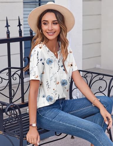 Zeagoo Dressy Tops for Women Short Sleeve Summer Outfits Loose Fit V Neck T Shirts Fall Dressy Blouses Floral White - Image 4