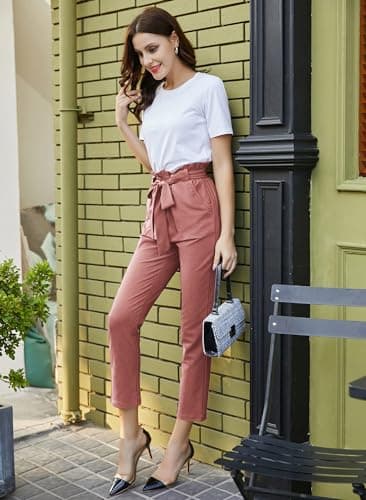 GRACE KARIN Women's Pants Trouser Slim Casual Cropped Paper Bag Waist Pants Salmon Pink M - Image 4