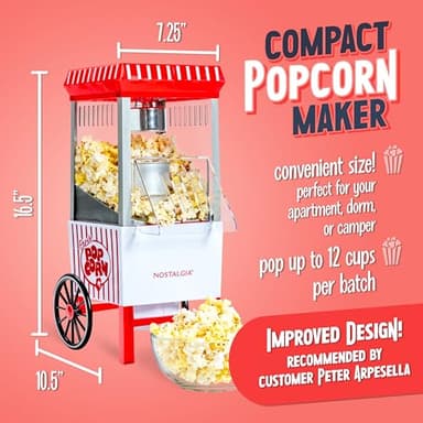 Nostalgia Vintage Hot-Air Popcorn Maker Machine - Makes Up to 12 Cups - Oil-Free - Healthier Popcorn - Classic Stand-Up Cart With Wheels - Includes Kernel Measuring Cup - White & Red - Image 2