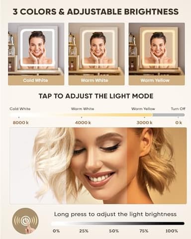 LIVELYGLOW Small Makeup Vanity Desk with Lighted Mirror, Wooden, 23.62" W x 15.74" D x 53.93" H (Smart LED Mirror, Open Shelves, 2 Drawers) - Image 5