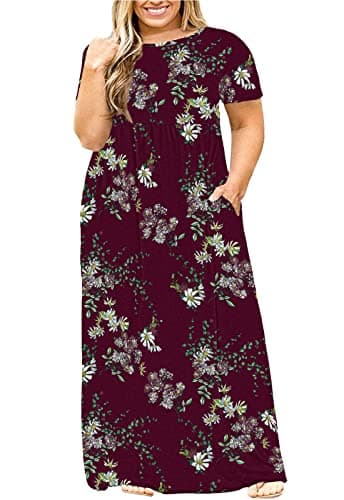 Plus Size Beach Dress for Women Maxi Floral Printed Plain Flowy Summer Clothing XX-Large Flower Wine Red - Image 1
