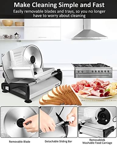 Meat Slicer, 200W Electric Deli Food Slicer with 2 Removable 7.5'' Stainless Steel Blades and Tray, Adjustable Thickness for home use,Child Lock Protection,Easy to Clean,Cuts Meat, Bread and Cheese - Image 4