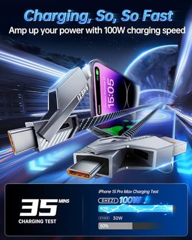 Vexipia 4-in-1 USB C Cable 100W 5FT [Fast Charging & Data Transfer] Flat Nylon Braided for iPhone iPad Charger Cord, Multi Charge Wire Combo with L/Type C/USB A Port - Image 4