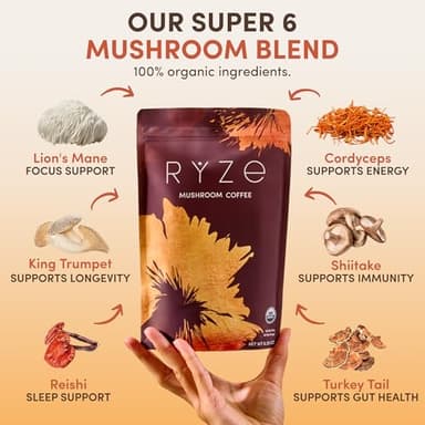 RYZE SUPERFOODS Mushroom Coffee USDA Organic with 6 Adaptogenic Mushrooms and MCT Oil, USA Grown Instant Coffee for Better Energy, Focus, Digestion, Immunity with Lions Mane & Turkey Tail, 30 servings - Image 3
