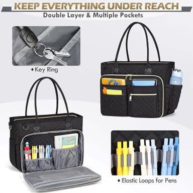 RAINSMORE Teacher Tote Bag 15.6 inch Laptop Bag for Women Work Bags Laptop Tote Nurse Bag Professional Computer Messenger with Insulated Pocket, Laptop Briefcase for Office, College, Nursing, Black - Image 3