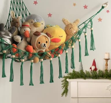 Stuffed Animal Toy Storage Hammock with LED Light - Macrame Jumbo Doll Corner Stuff Animals Organizer Decorations - Cute Plushie Net Kids Baby Nursery Bedroom Room Decor Christmas Green - Image 2