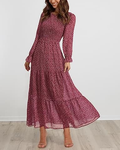BTFBM Women Casual Long Sleeve Crew Neck Fall Dress Bohemian Relaxed Fit Floral Flowy Maxi Dresses Tiered Cocktail Dress(Floral Red White,Medium) - Image 6