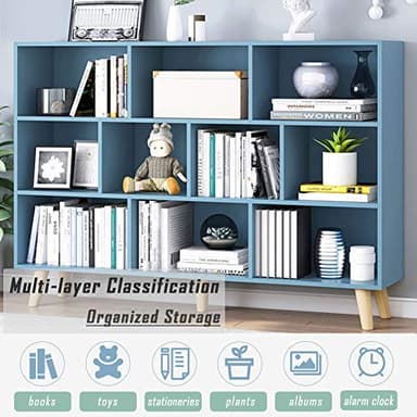 IOTXY Wooden Open Shelf Bookcase - 3-Tier Floor Standing Display Cabinet Rack with Legs, 10 Cubes Bookshelf, Bright Blue - Image 5