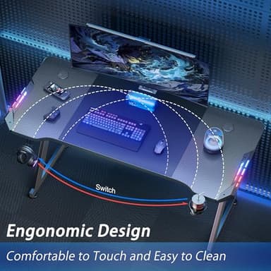 HLDIRECT 63 INCH Gaming Desk with LED Lights, Home Office Gamer Desk, Ergonomic Computer Table with Large Carbon Fiber Desktop, Office Workstation with Mouse Pad, Cup Holder & Headphone Hook, Black - Image 4