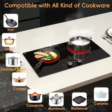 Zarbaco 2 Burner Electric Cooktop 24 Inch, 4000W Electric Stove Top with Built-in Design, 220-240V Knob Control Radiant Ceramic Cooktop with Safety Lock, 9 Level Power, Timer - Hard Wire - Image 3