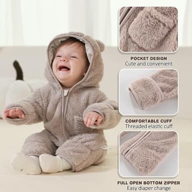 AiWMGL Newborn Baby Bear Outfit Suit With Fold-Over Mittens and Footies Girls Boys 0-3 Months Winter Fleece Clothes Suit Hooded Jumpsuit Romper Snowsuit - Image 5