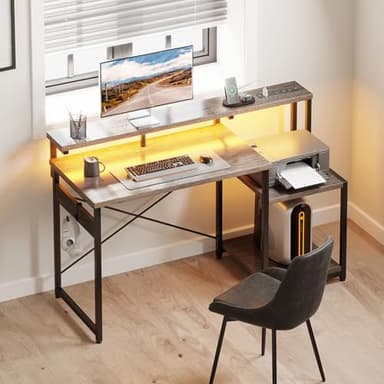 AODK Computer Desk, 48 Inch Gaming Desk with Led Lights & Power Outlet, Office Desk with Storage Shelves, Reversible Desk with Monitor Shelf & Headphone Hook, Grey Oak - Image 8