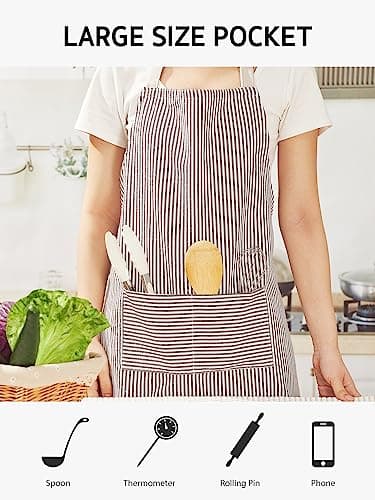 Syntus Aprons for Women with Pockets, 2 Pack Kitchen Apron for Cooking Adjustable Bib Chef Aprons for Men Women, Black/Brown Stripes - Image 6