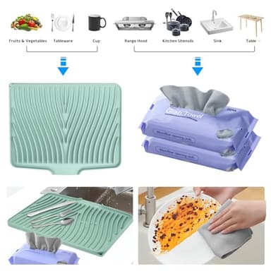 TIKNIK Silicone Dish Drying Mat, Stone Drying Mat for Kitchen Counter with Built-in Drain, Non-Slip 15.8" X 13" Drying Matt Kitchen Counter and Grey Microfiber Cleaning Cloth, Cleaning Rags Set(Mint) - Image 3
