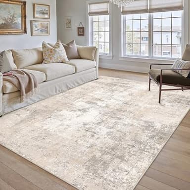 WondRg 9x12 Area Rug Beige Grey Abstract Living Room Bedroom Washable Carpet Neutral Modern Non Slip Soft Low Pile Indoor Large Throw Rug for Dining Room Office - Image 4