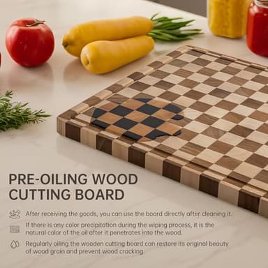 THETCHRY Cutting Boards for Kitchen, Checkered Cutting Board Upgraded, Acacia Wood Chopping Board with Juice Grooves & Handles, Large Butcher Block Serving Tray with Gift Box, 16.5" x 11.6" x 0.8" - Image 9